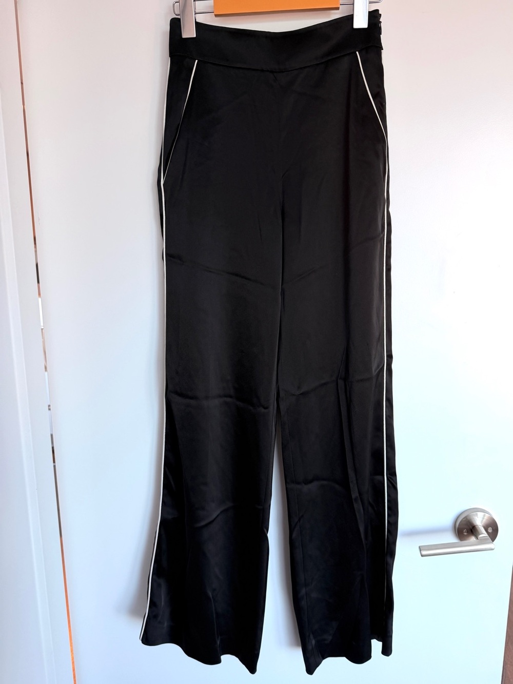 Aritzia Wilfred Black Satin Wide Leg Pants with White Piping